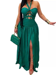 Model wearing dark-green halter maxi dress with front cut-outs