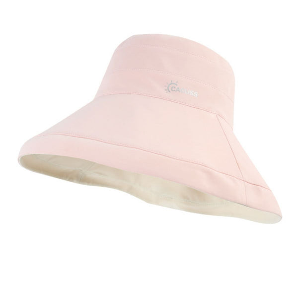 Blush pink wide-brim sun hat shown from an angled view.