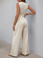 Back view showing striped wide-leg silhouette