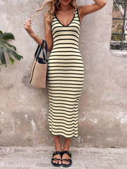 Striped ribbed-knit bodycon midi dress, front view
