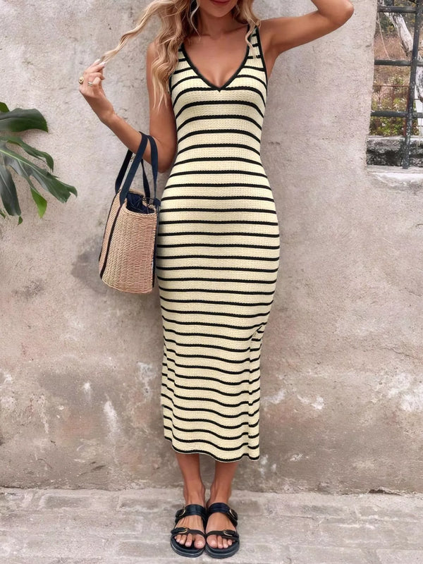 Striped ribbed-knit bodycon midi dress, front view