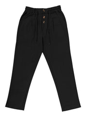 Black drawstring pants shown on a model from the back
