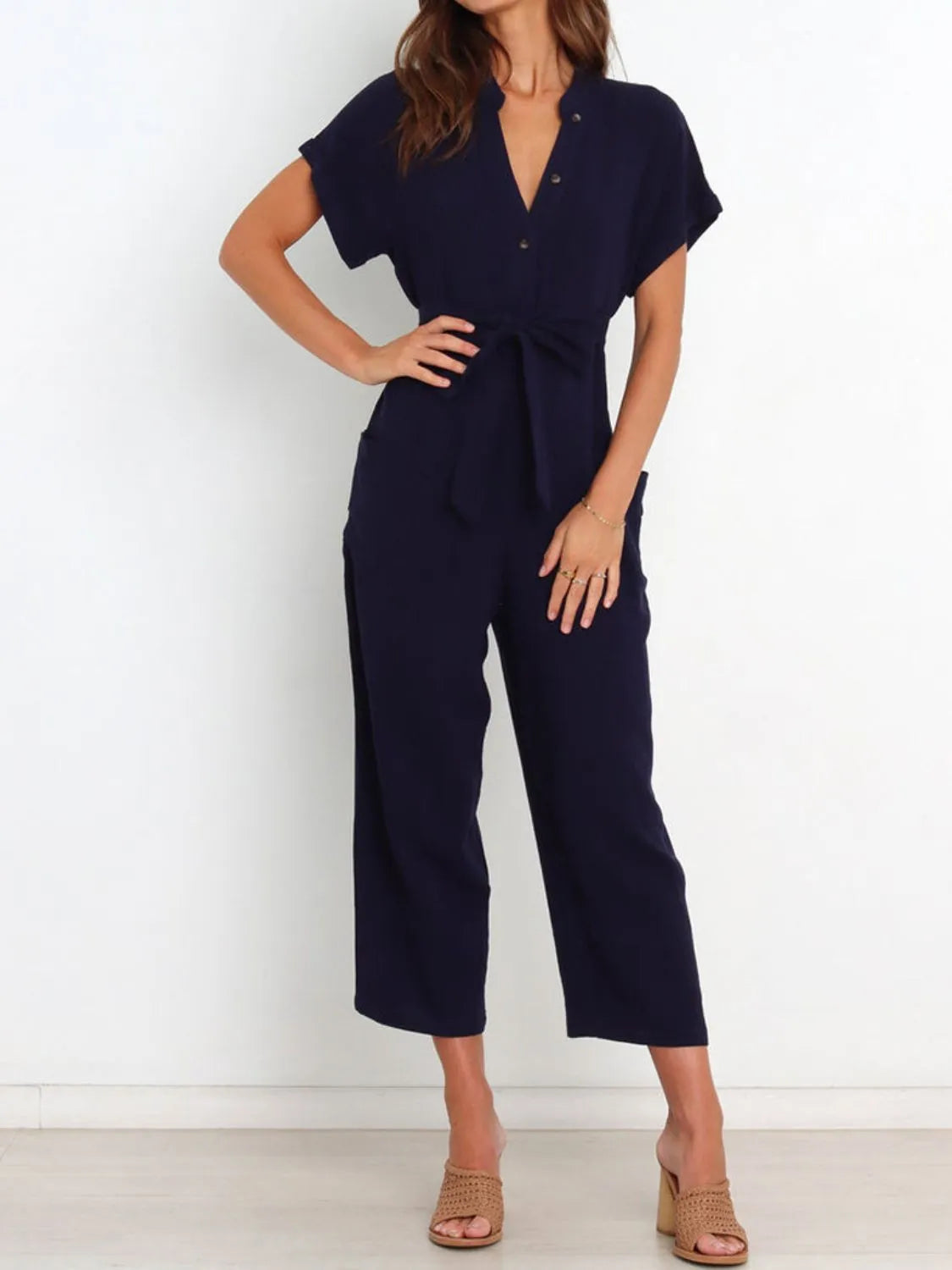 Women's notched short-sleeve tie-waist jumpsuit, navy front view