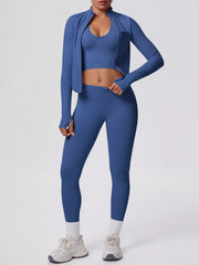 Alternate front view of tank & zip-up jacket and leggings three-piece active set
