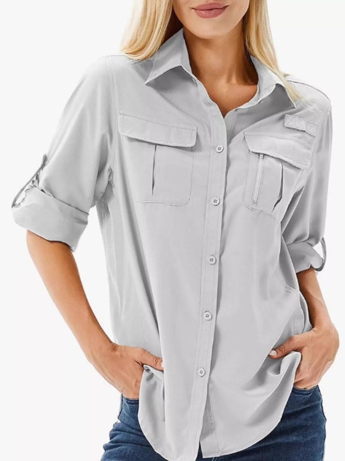 Light gray button-down shirt with chest pockets and rolled sleeves, front view