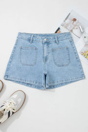 Back view of light-blue denim shorts with patch pockets laid flat