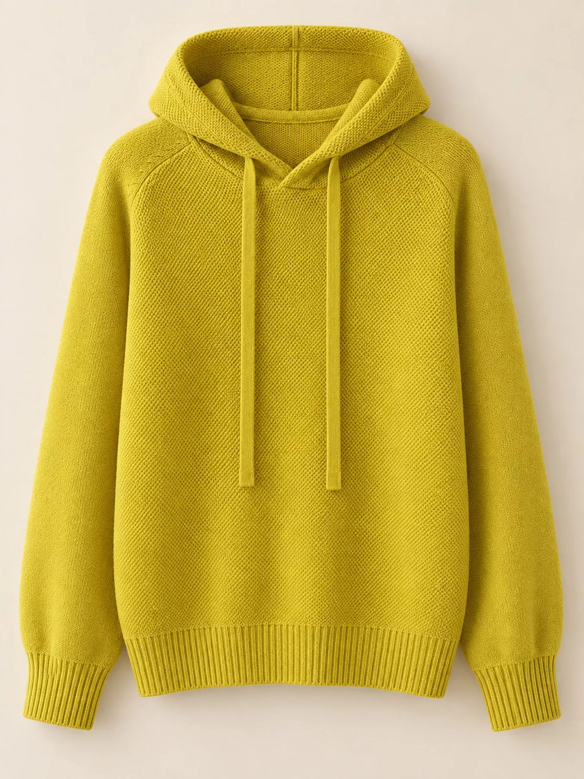 Mustard-yellow drawstring hooded sweater displayed alone against a pale background.