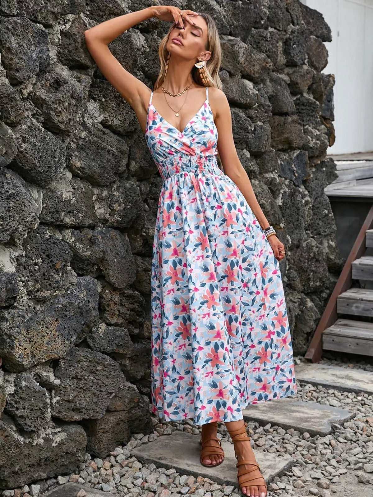 White floral paisley midi dress, full view