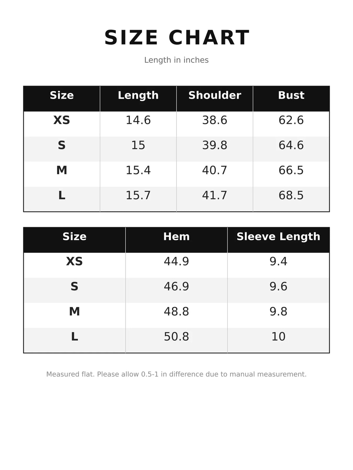 Size chart for the cropped sweatshirt with length, shoulder, bust, hem and sleeve-length measurements.