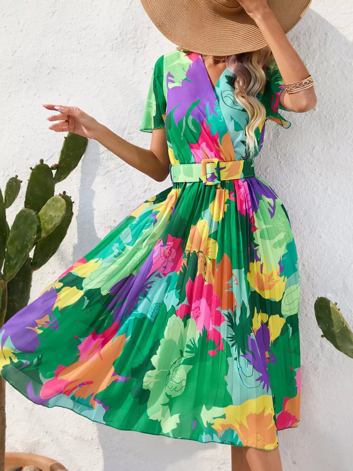 Green tropical print belted midi dress, front view