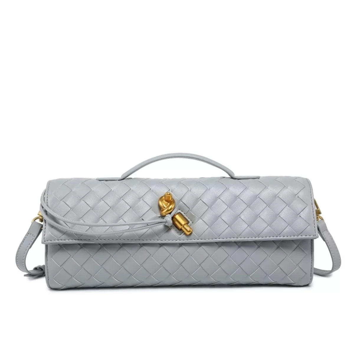Light gray woven flap crossbody bag with gold-tone clasp
