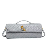 Light gray woven flap crossbody bag with gold-tone clasp