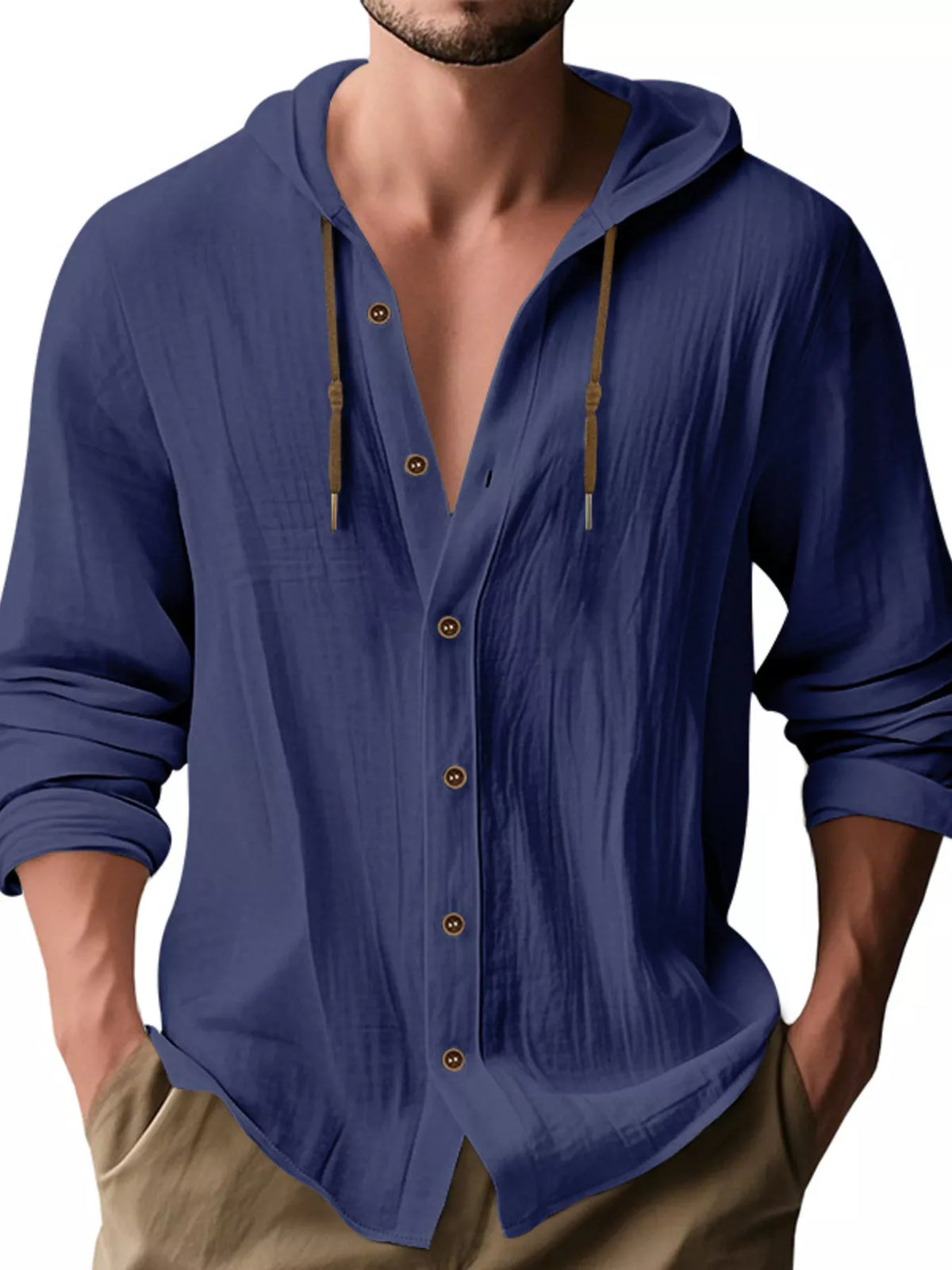 Model wearing navy hooded button-up shirt