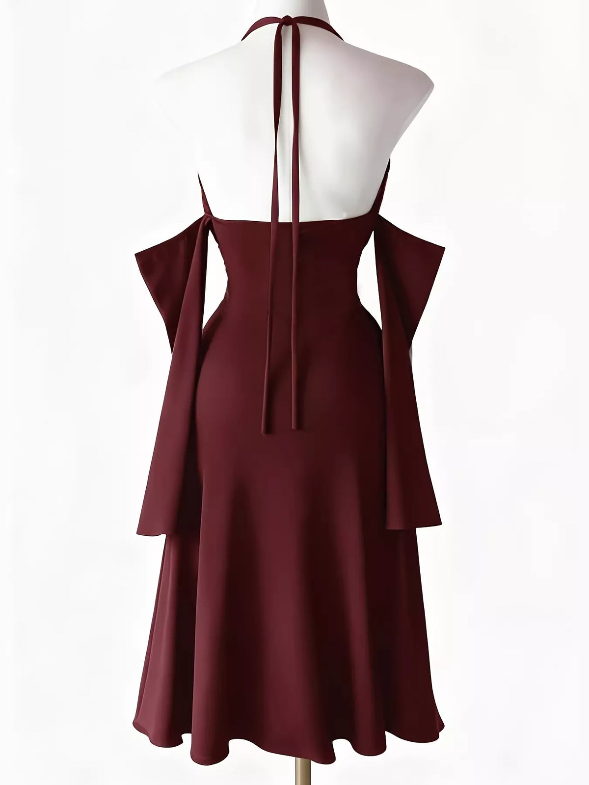 Army-green halter bodycon dress with high side slit on mannequin