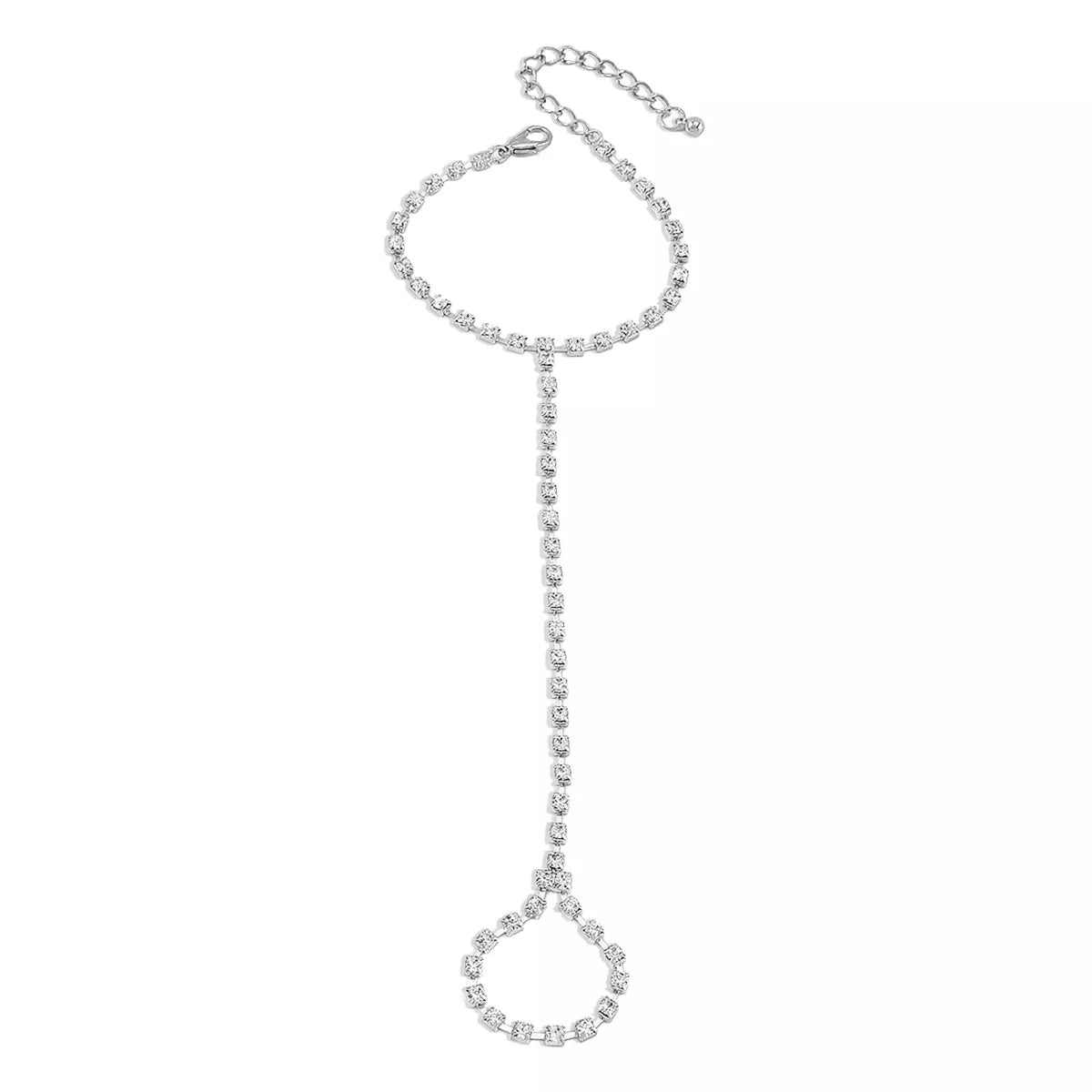 Rhinestone hand chain bracelet arranged flat with finger ring