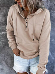 Women’s plus-size kangaroo-pocket drawstring hoodie in apricot front view