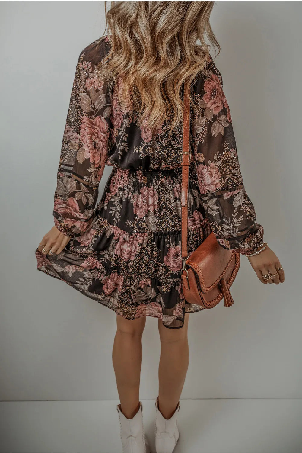 Back view of dark floral mini dress with long sleeves
