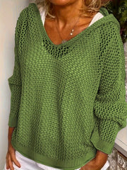 Green open-knit hooded cover-up with a V-neck and long sleeves, front view on a model.