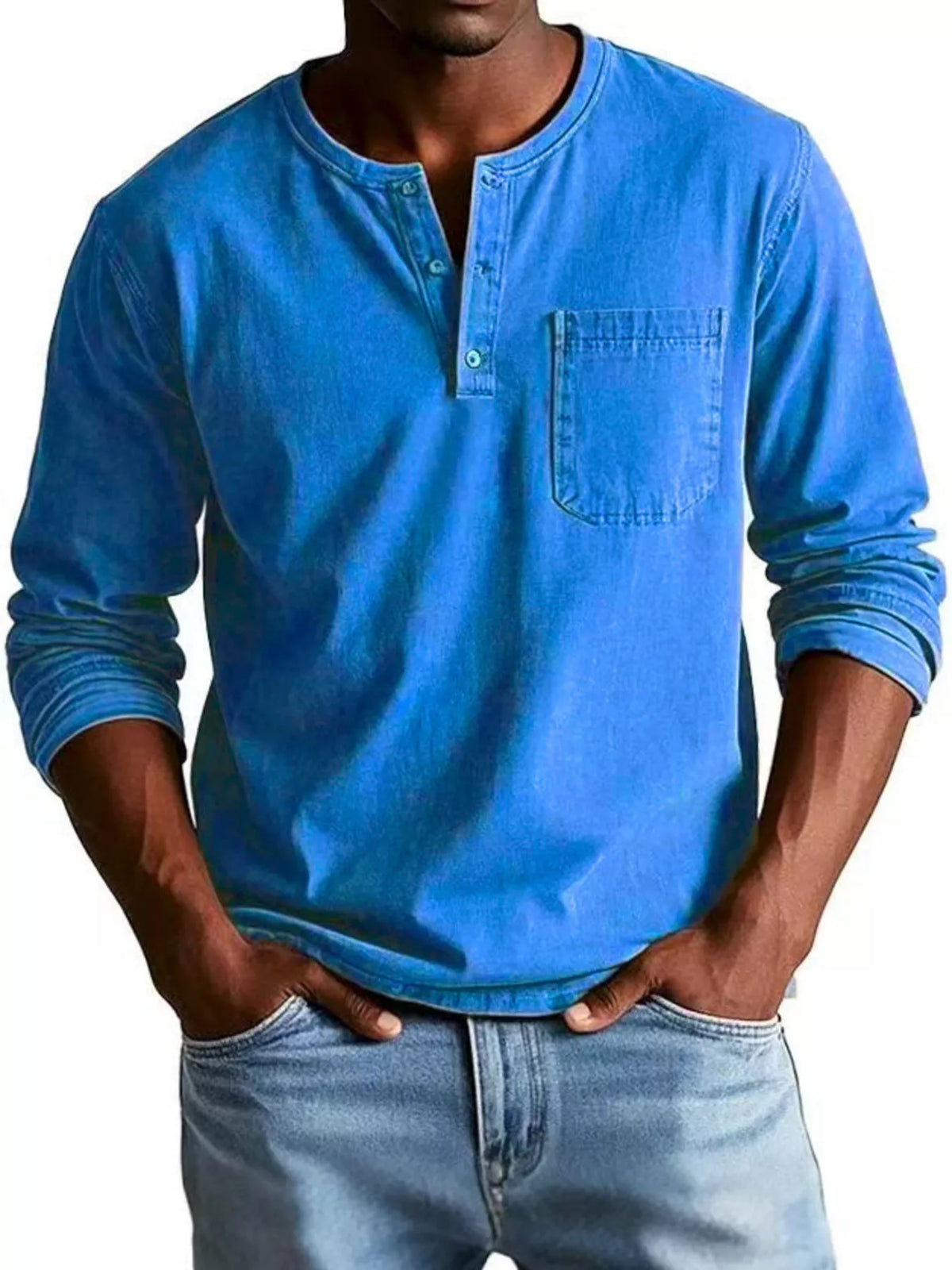 Blue long-sleeve top with button placket and chest pocket