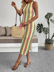 Three-quarter view of khaki chevron knit dress with sleeveless cut