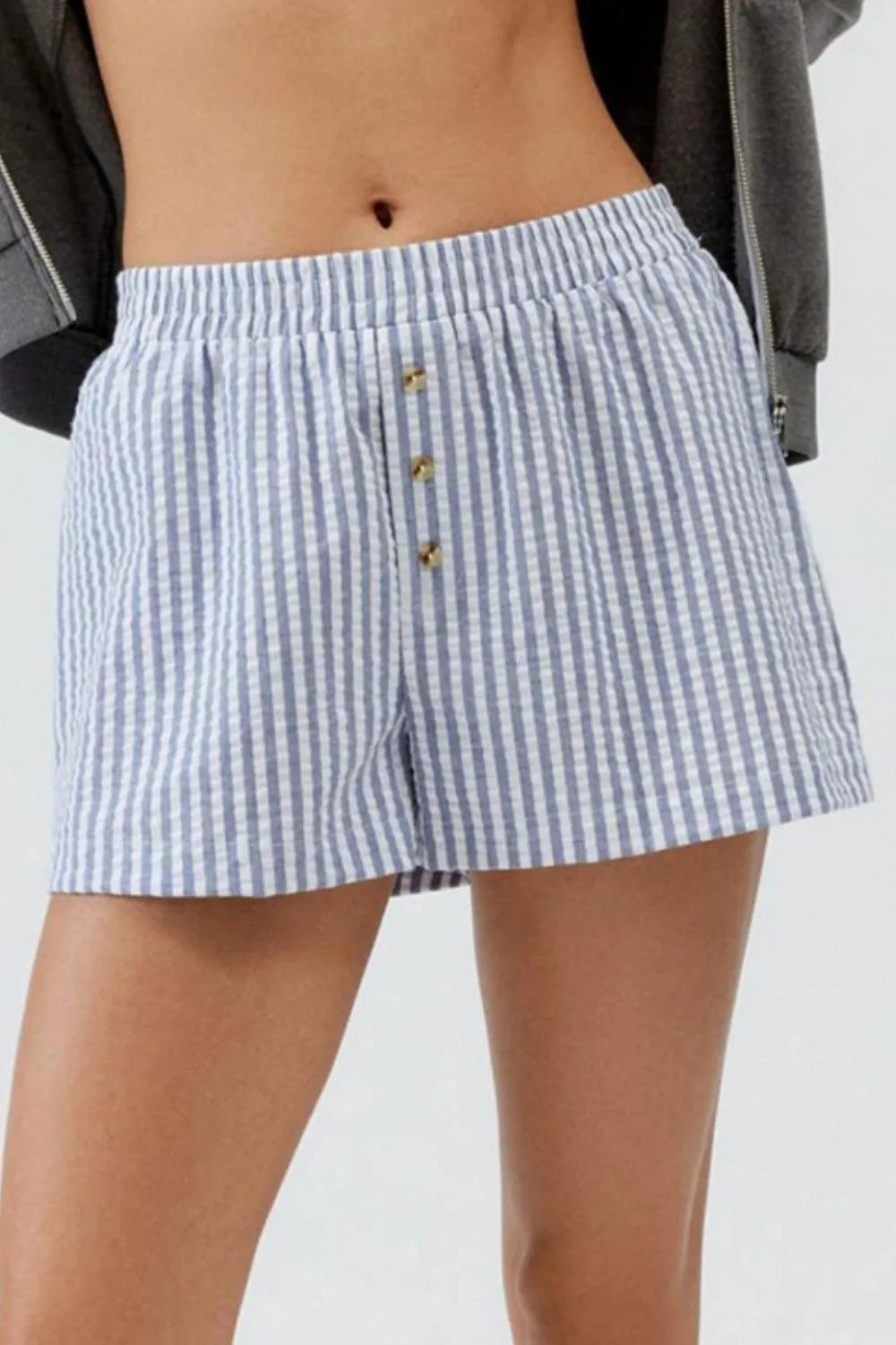 Blue striped elastic-waist shorts with button-front closure