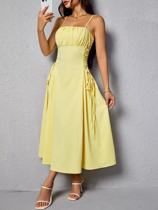 Light yellow lace-up side A-line cami dress, front view