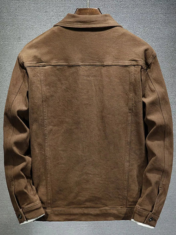 Brown jacket on a hanger, back view
