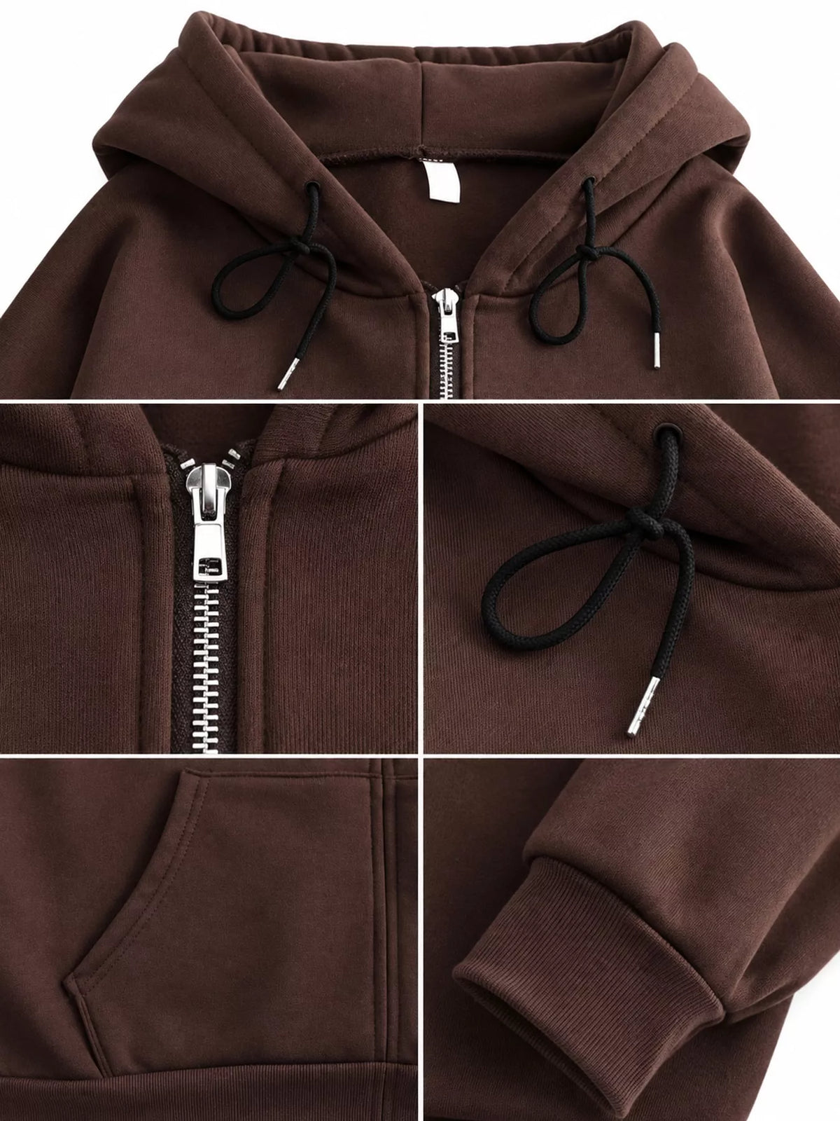 Close-up collage of brown hoodie drawstrings, zipper, cuff and pocket