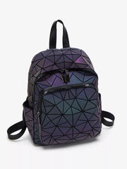 Geometric purple-blue backpack with multiple front zip pockets
