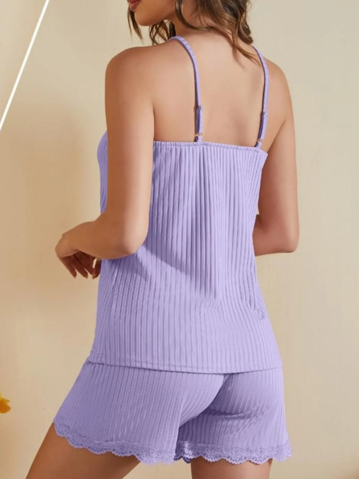 Lace-Trimmed Ribbed Cami & Shorts Lounge Set: Back view of lavender cami and shorts lounge set.