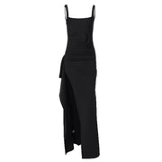 Back view of the black sleeveless maxi dress with a high slit.