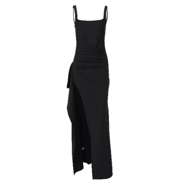 Back view of the black sleeveless maxi dress with a high slit.
