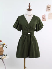 Olive flutter-sleeve romper on mannequin, front