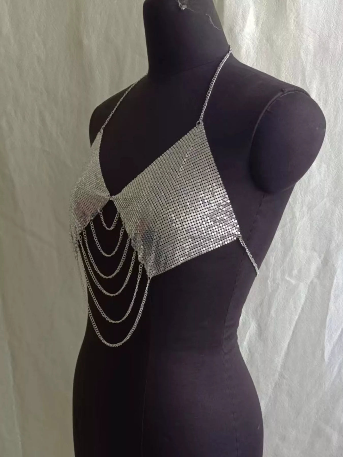Silver chainmail halter cami top, side angle showing chain drapes