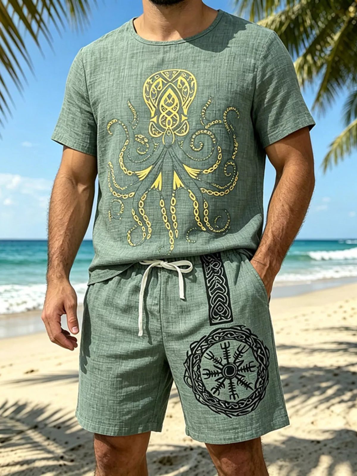 Green tee and shorts set with a large octopus graphic and circular emblem on the shorts.