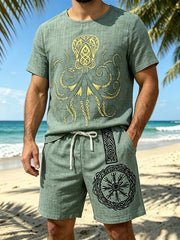 Green tee and shorts set with a large octopus graphic and circular emblem on the shorts.