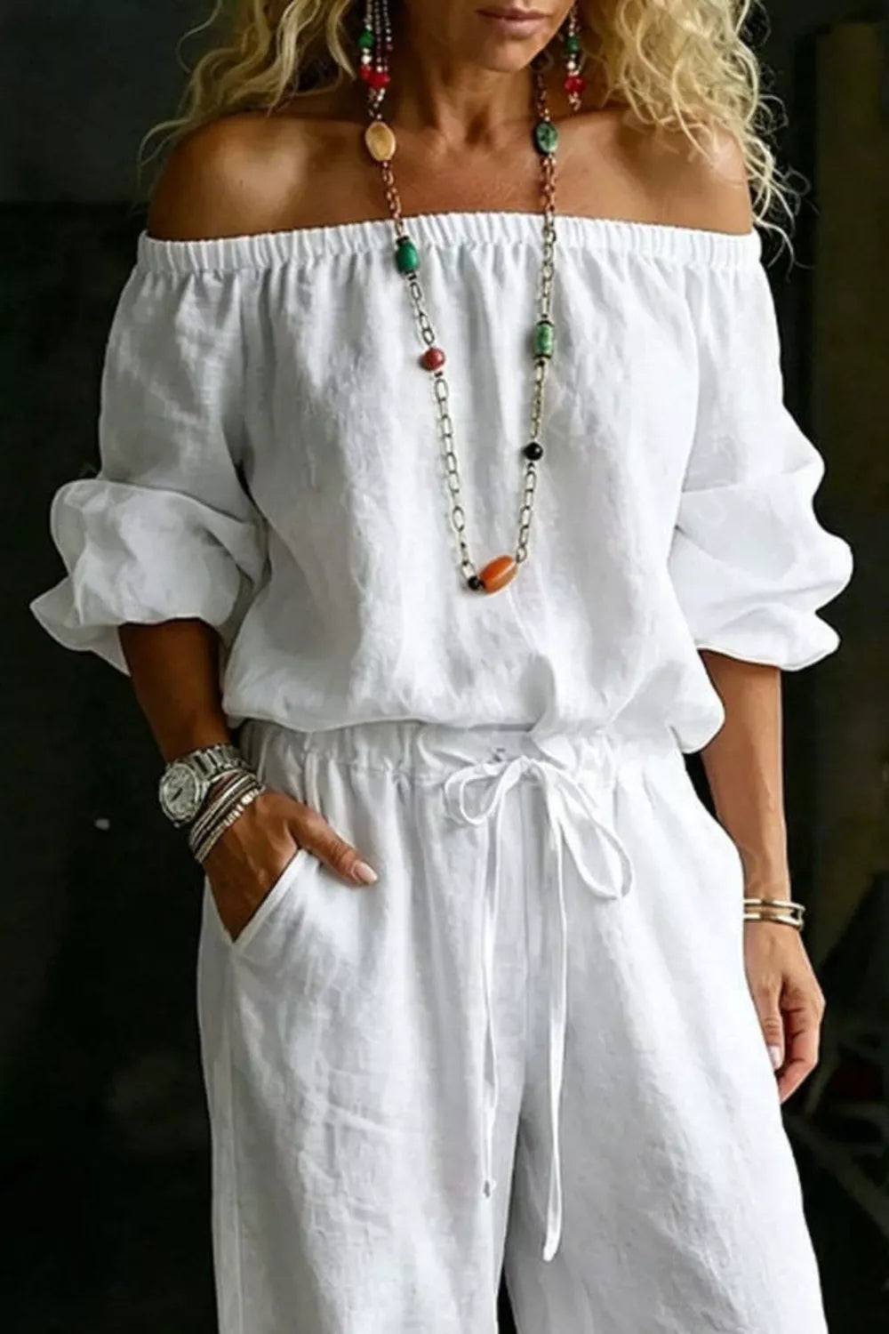 Full-size off-shoulder top and pants set plus size