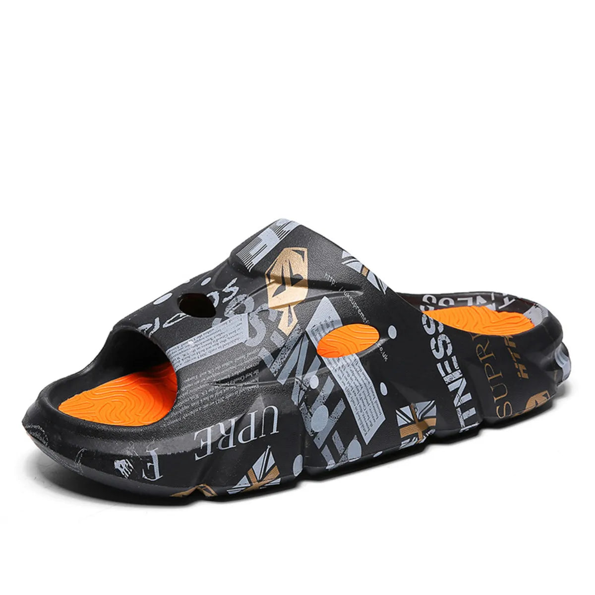 Black graphic-print open-toe platform slide sandal with orange footbed and side cutouts