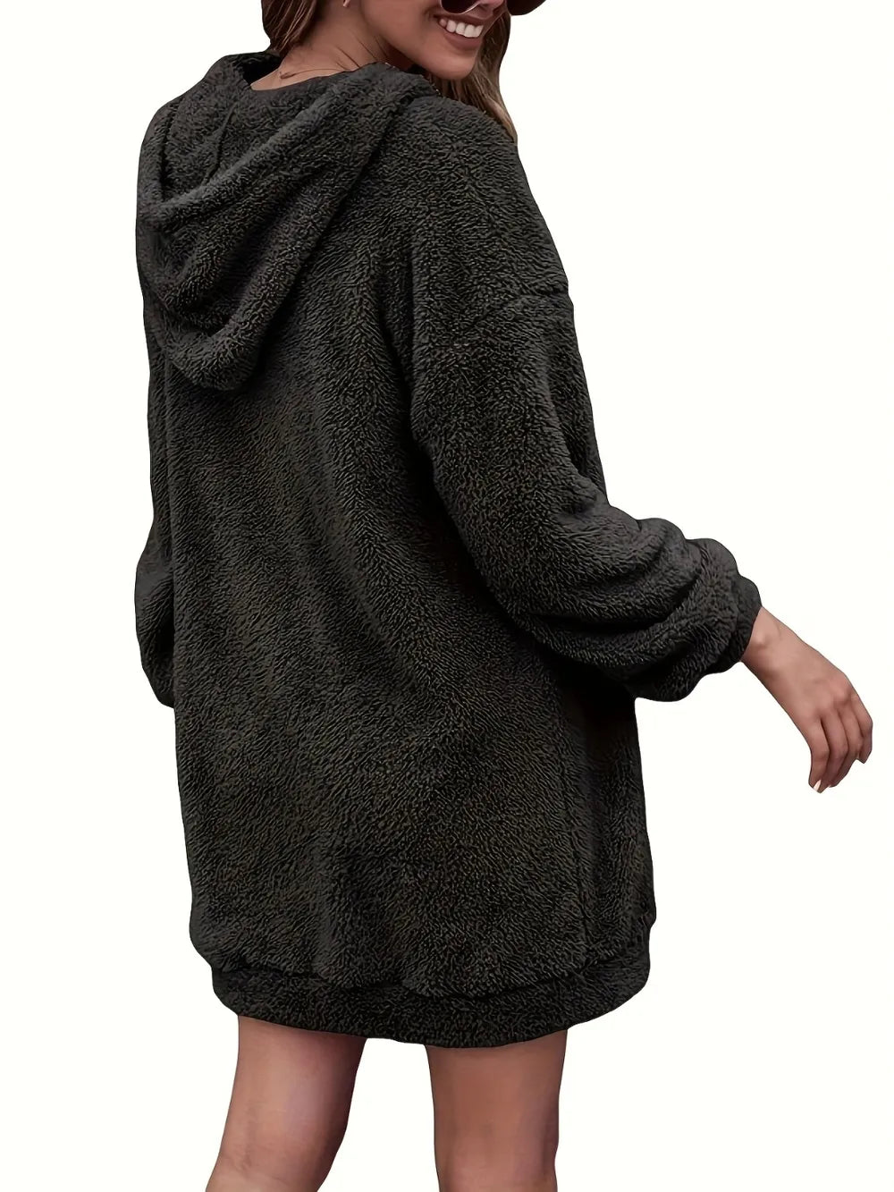 Half-zip dropped-shoulder oversized hoodie in black back view