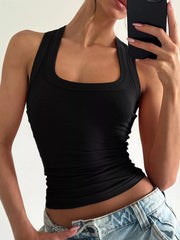Black ribbed square-neck tank, front view