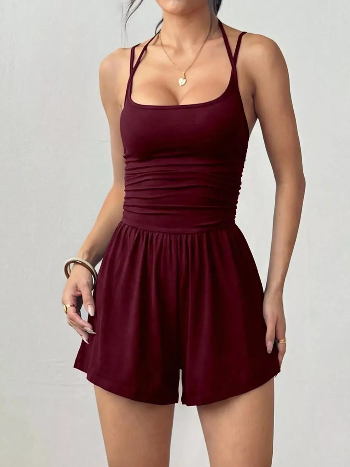 Women's ruched spaghetti-strap romper, burgundy front view