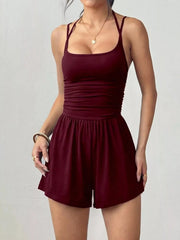 Women's ruched spaghetti-strap romper, burgundy front view