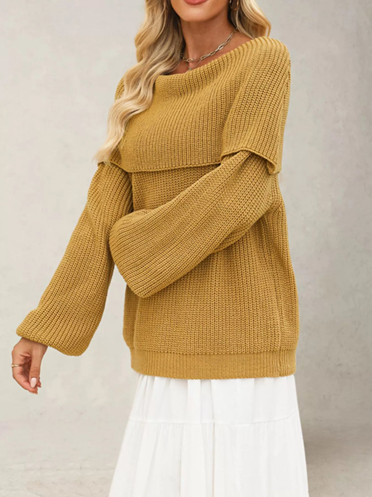 Side view of mustard off-shoulder sweater