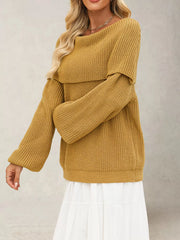 Side view of mustard off-shoulder sweater