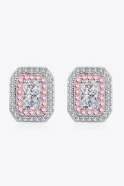 Front view of rectangular stud earrings with clear centres and pink stone borders