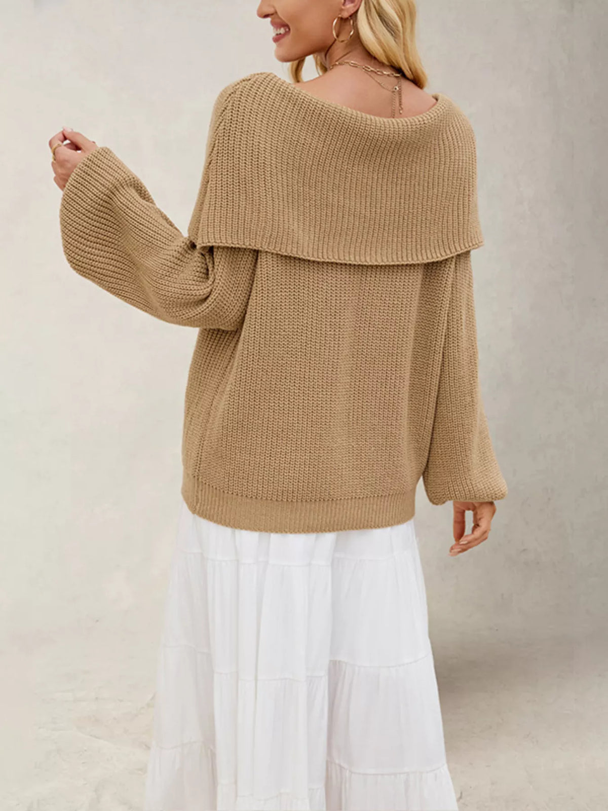 Back view of khaki off-shoulder sweater