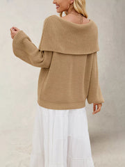 Back view of khaki off-shoulder sweater