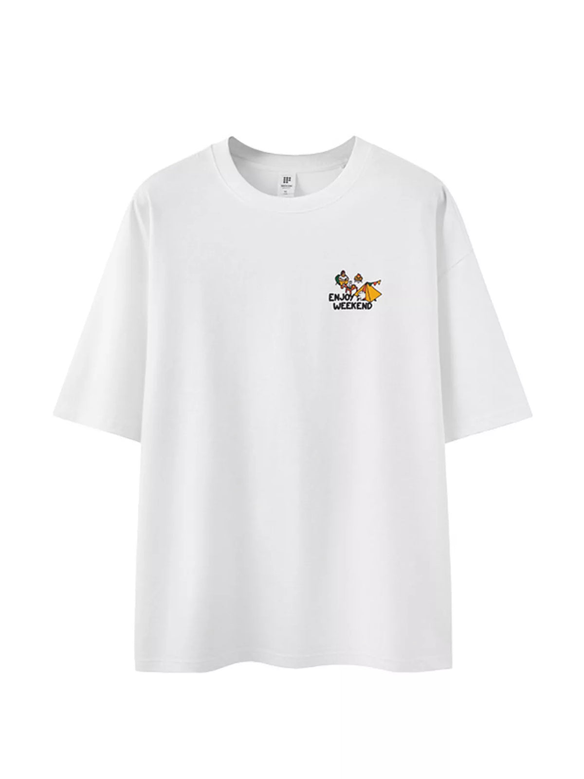 Front view of white T-shirt with small colorful chest graphic