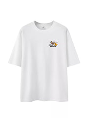 Front view of white T-shirt with small colorful chest graphic