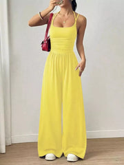 Women's spaghetti-strap wide-leg jumpsuit, yellow front view